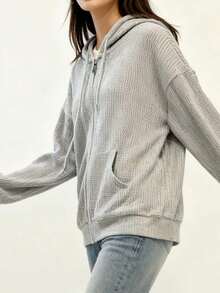 Sudadera con capucha y tejido de gofre para mujer con cordón en la cintura. Oversize pero favorecedora, diseño exclusivo y estético. Chaqueta de primavera/verano para mujer. Cárdigan con cremallera. - Gris - Ver 4