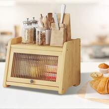 1 caja de pan de bambú acrílico con tapa - Organizador de almacenamiento de cocina a prueba de polvo para snacks, especias y cosméticos, organizador compacto para encimera o cama, diseño para alimentos, organizadores y almacenamiento de cocina, organizador de dormitorio, acabado natural, textura de madera - Color de la madera - Ver 8