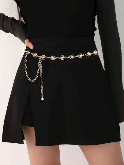 Cadena de cintura con diseño de flor de metal, estilo europeo y americano. Cadena decorativa de alta gama para falda pantalón. Cinturón de aleación de zinc con estampado floral bohemio, adecuado para todas las estaciones.