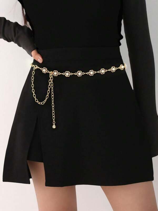 Cadena de cintura con diseño de flor de metal, estilo europeo y americano. Cadena decorativa de alta gama para falda pantalón. Cinturón de aleación de zinc con estampado floral bohemio, adecuado para todas las estaciones.