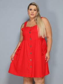 Plus Size Linen Short Dress With Button And Pocket, New Model. - Red - View 3