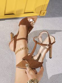 Jin Bei Qi 女士尖头高跟鞋，纯色漆皮和仿麂皮材质，T字带交叉踝带搭扣露趾户外派对细高跟鞋，优雅时尚高跟鞋，适合所有季节，浪漫派对宴会杏色浅口鞋，春夏装扮 - 杏色 - 查看 2