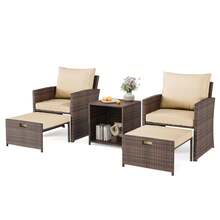 Conjunto de 5 piezas para patio con respaldo alto, 2 otomanas y mesa, sillones de ratán PE para todo tipo de clima con cojines suaves, perfectos para relajarse en el balcón, el porche, el jardín y junto a la piscina. - Marrón - Ver 2