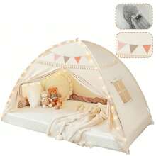 Kids Twin Size Bed Tent With Lights & Flags - Portable Foldable Canopy For Toddler Beds, Indoor Playhouse, Privacy Space For Boys & Girls, Perfect Gift For Bedroom Decor - Beige - View 12