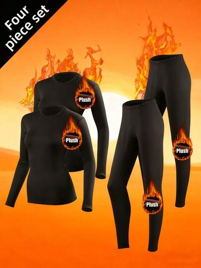 Winter Clothes For Women, Long Johns For Women - 4-Piece Plush Thermal Underwear Set | Black Tights, Loungewear Women, Pijams Sets Women | Ropa De Invierno Mujer, Medias De Invierno Mujer, Ropa Termica Para Mujer, Pijamas Para Mujer | Soft Fleece, Medium Stretch For Skiing & Daily Wear