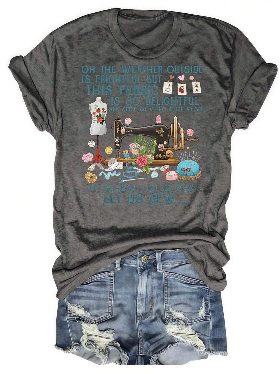 Let Us Sew  Crafting Joy In Winter's Frightful Weather Womens Tshirt Black Grey White Light Apricot Dark Red - 灰色 - 查看 1