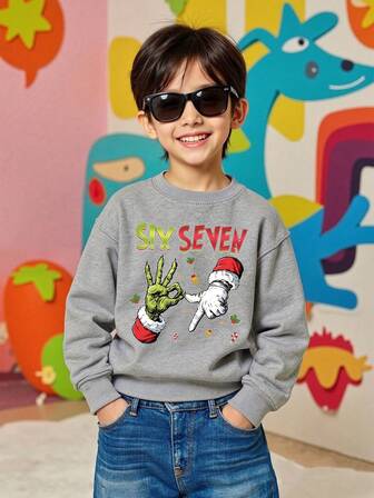 Six Seven Christmas Hands Printed Pattern Boys' Crew Neck Sweatshirt For Autumn And Winter - Casual Outdoor Sports Style Comfortable Soft Stylish And Versatile Suitable For Parties And Play Machine Washable - Gift Children's Clothing