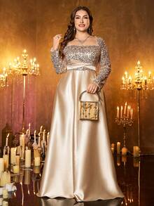 XUIBOL Plus Size Women's Elegant Sequin Long Sleeve Keyhole Neck Formal Dress, With Ruffle Details - Champagne - View 2