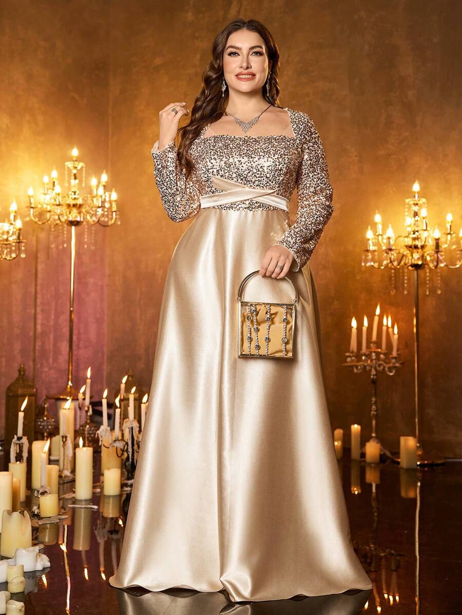 XUIBOL Plus Size Women's Elegant Sequin Long Sleeve Keyhole Neck Formal Dress, With Ruffle Details