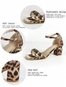 Women's Leopard Print Metal Decor Block Heel Open-Toe Sandals, Wild Fashion Style, Leopard Print Leather Mid-Heeled Shoes - Brown - View 6