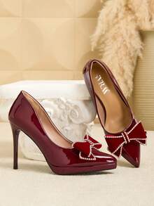 SVRM Women's High Heel Pointed Toe Platform Glossy Patent Leather Bow Rhinestone Decor Fashion Pumps, Elegant & Sexy For Workplace,Burgundy Heels - Burgundy - View 3