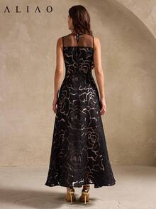Aliao 优雅蕾丝拼接花卉薄纱无袖连衣裙，端庄得体，适合婚礼季、情人节、秋冬季、白色派对、复古贵族风、宫廷风、吸睛单品、日常优雅、新年等场合。 - 黑色 - 查看 8