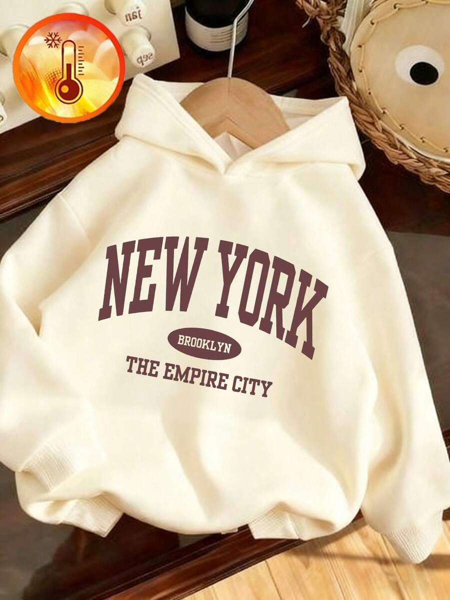 1pc Tween Girls Casual Printed Pullover Hooded Sweatshirt, Student Youth Winter Outfit Thick Thermal Lined Long Sleeve Top - Timeless Hoodie, Suitable For Everyday Wear