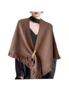 Women's Crochet Cashmere Shawl, Decorated With Bows And Pom-Poms, Caramel Color, Warm Triangular Scarf, Perfect For Autumn And Winter.