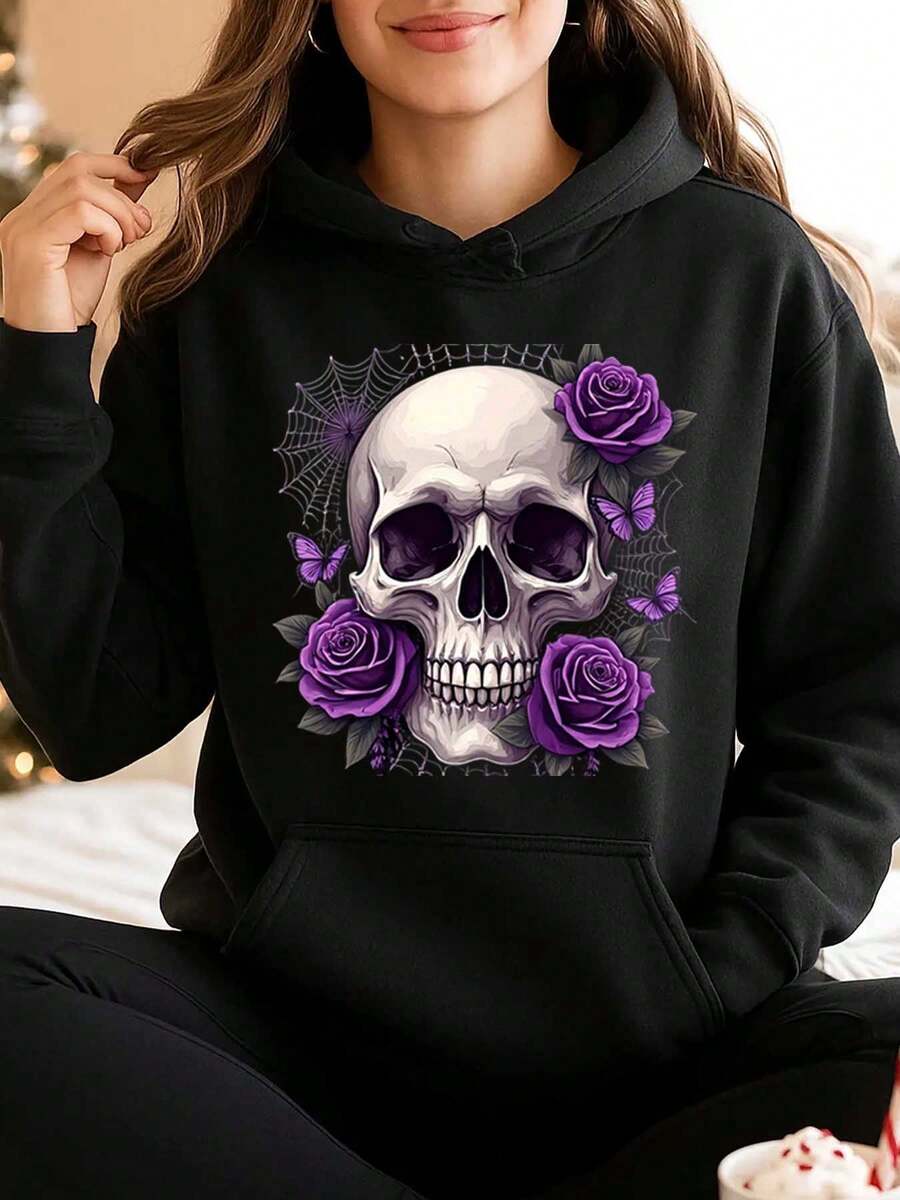 Women Hoodie Skull And Purple Roses Print Hooded Sweatshirt 350g Casual Halloween Outfit Comfortable Fabric Perfect As A Gift - màu đen - Xem 1