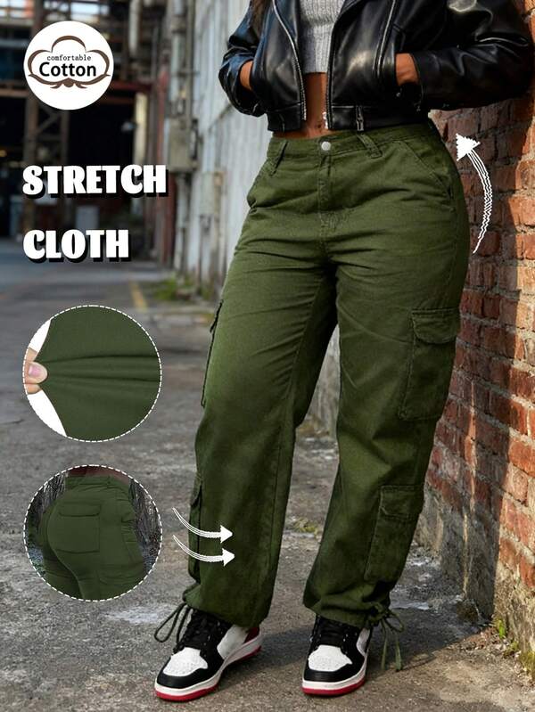 New Style Solid Military Green Multi-Pocket Button Commuting Simple Y2K Casual And Cute Cargo Pants, Suitable For Back To School, Clubs, Birthday Parties, Christmas, Concerts, Gyms, Business Occasions, Daily Airport Outfits, Street Outfits, Sports Outfits, And Also Suitable For Teachers To Wear, With Styles Suitable For Spring, Summer, Autumn And Winter.