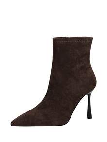 European Style Banquet Elegant Suede Pointed Toe Stiletto Heel Side Zipper Slim Ankle Boots For Women - Dark Brown - View 7