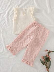 2件套女婴花朵提花吊带背心和阔腿长裤套装，甜美清凉风格，可爱优雅