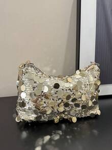 1pc Shiny Gold Crescent Moon Shaped PE PVC Shoulder Bag, Women's Party Clutch - Gold - View 8