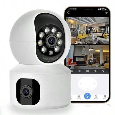Cámara de video vigilancia  Wi-Fi 1080P DOBLE HD con Visión Nocturna y Rotación Esta es una cámara de video vigilancia inteligente Wi-Fi para interiores, de diseño compacto y moderno en color blanco. Su forma es de tipo domo o "robotizada", que le permite girar para ofrecer una cobertura completa. Rotación (PTZ): Se muestran flechas azules curvas que indican la capacidad de la cámara de girar horizontal y verticalmente (Pan/Tilt), permitiendo monitorear un área amplia, lo cual suele ser controlable a distancia desde la aplicación móvil. Alta Definición (HD): El texto en la descripción del archivo ("1080p-hd") y las características generales de productos similares indican que graba en Full HD (1080P). Conexión Inalámbrica: Es una cámara de red (Cloud Network Camera) y Wi-Fi, lo que significa que se conecta a internet para ver el video en vivo de forma remota.  Monitoreo Remoto: Se ve una mano sosteniendo un teléfono inteligente que muestra la imagen de la cámara en tiempo real