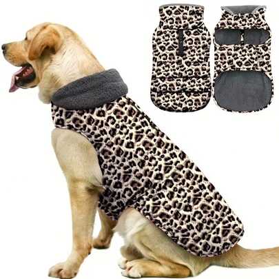 Warm Pet Dog Jacket, Leopard Print, Winter Cold-Proof Durable Adjustable Thick Fleece Snow Coat, Waterproof Outer Layer Furry Vest, Waterproof Zipper Leash Hole, Winter Warm Furry Collar Dog Coat, Cold Weather Pet Jacket, Dog Coat, Dog Snow Suit, Dog Outdoor Padded Coat, Suitable For Small, Medium And Large Dogs
