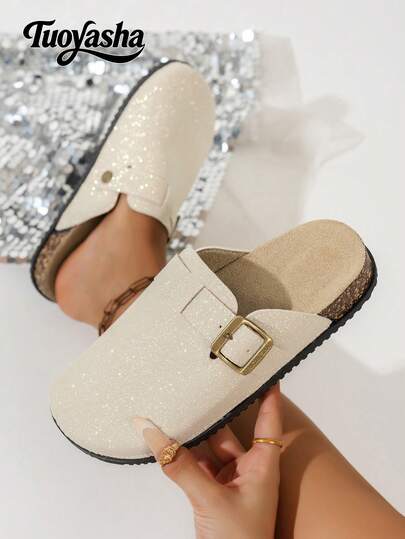 New Fashion Buckle Slip-On Thick Sole Comfortable Soft Cork Bottom Platform Sandals, Wedge Heel Slides, Versatile For Outdoor, Commute, Casual, Daily Wear