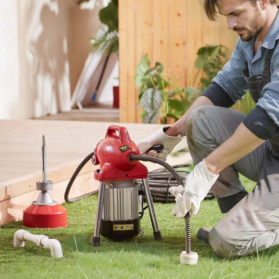 Máquina limpiadora de desagües  de 66 pies x 5/8 pulgadas, 250 W, con barrena seccional y alimentación manual - Rojo - Ver 1