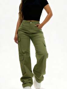 Plain    Casual    Pocket  Button  Zipper    School - xanh quân đội - Xem 1