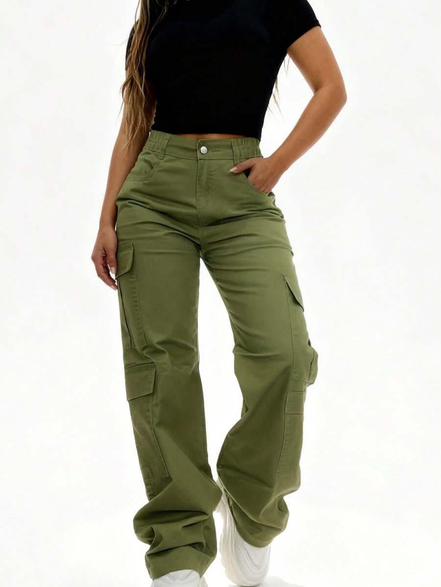 Plain    Casual    Pocket  Button  Zipper    School - xanh quân đội - Xem 1