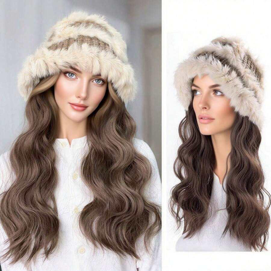 Women's Hat & Wig In One - Winter Warm Knit Hair System With Natural Realistic Long Curly Brown Hair, Body Wave Texture, Comfortable & Easy Care, Ideal For Daily Outdoor Use, All Light Beige Tones (Brown/Blonde/Black/Red/Gray/White) - Versatile For Casual & Formal Events - 棕色黑色針織帽 - 查看 1