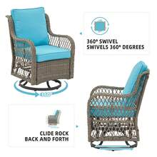 Conjunto de 3 sillas mecedoras giratorias para exteriores Conjunto de sillas mecedoras giratorias con mesa de cristal y cojines gruesos para jardín, balcón, terraza o exterior - Mimbre gris/Cojín azul claro - Ver 6