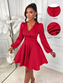 AIJ This Elegant Solid Color V-Neck Fitted A-Line Satin Shiny Mini Skirt With Puff Sleeves Is The Perfect Choice For All-Season Styling. Suitable For Parties, Daily Commute, Christmas, New Year, Valentine's Day And Various Occasions.