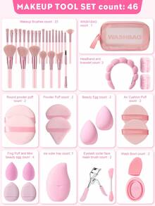 46PCS Makeup Tools Set Including:1pc Multi-Functional Zipper Toiletry And Cosmetic Bag Waterproof+25PCS Makeup Brush Set+2PCS Makeup Sponges+2PCS Mini Makeup Sponges+2PCS Triangle Powder Puffs+2PCS Mini Air Cushion Powder Puffs+1pc Hairband+2PCS Hand Bowl Strap+2PCS Circular Powder Puffs+2PCS Makeup Brush Cleaning Tools+2PCS Air Cushion Powder Puff+1pc Eyelash Curler+1pc Facial Mask Brush+1pc Facial Ice Compress,Brush Set,Makeup Brush Kit,Make Up Brush Set,Make Up Set Complete,Makeup Brush Set,Complete Makeup Kit,Brush Kit,Brushes Makeup Set,Makeup Gift Set,Set