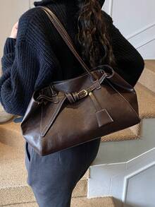 Elegante bolso tote de cuero PU para mujer, diseño vintage con hebilla de cinturón y lazo de ala, bolso de hombro de gran capacidad de moda europea y americana, adecuado para negocios casual, ir al trabajo, compras, citas, regalo - Multicolor - Ver 11