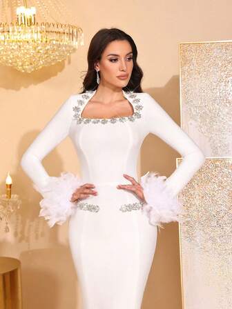 Modphy שמלת מקסי חדשה עם שרוולים ארוכים מעוטרת באבני חן ונוצות, שמלת ערב רשמית לנשים, שמלת מסיבה