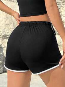 黑色撞色包边海豚短裤 | 弹性腰带休闲运动短裤，适合日常穿着和健身锻炼 - 黑色 - 查看 5