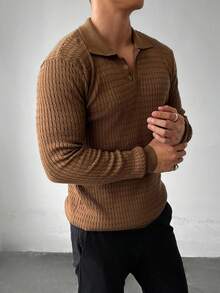 WAIT HIM Suéter de cuello polo de manga larga de unicolor y textura casual para hombre