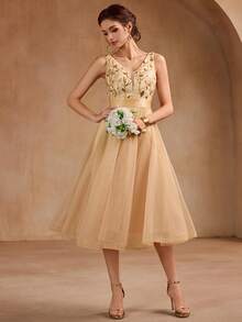 V-Neck Sequin Mesh A-Line Bridesmaid Dress, Christmas Party Dress, Elegant Ladies' Formal Gown, Suitable For Wedding Guests, Graduation Ceremonies, Galas And Other Occasions - Vàng - Xem 4