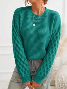 Women's Winter Pullover Sweater Casual Long Sleeve Round Neck Loose Thick Knit Pullover Shirt - 綠色 - 查看 3