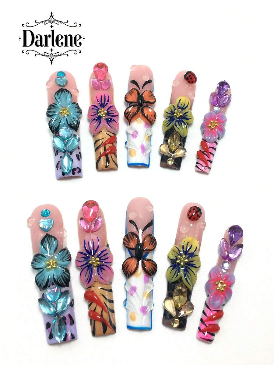 Each Set Includes 10 Pieces Of Handcrafted Y2K Coffin-Style Acrylic Nails, Featuring French Designs Adorned With Rhinestones, Petals, Stripes, And Butterfly Embellishments. Available In Multicolored And Nude Tones, With 3 Sizes To Fit. Perfect For Parties, Balls, And Daily Wear, And Comes With A Nail Art Tool Kit. An Ideal Gift For Women And Girls, Offering Press-On Nails (Worn Nails). - 彩色 - 查看 1