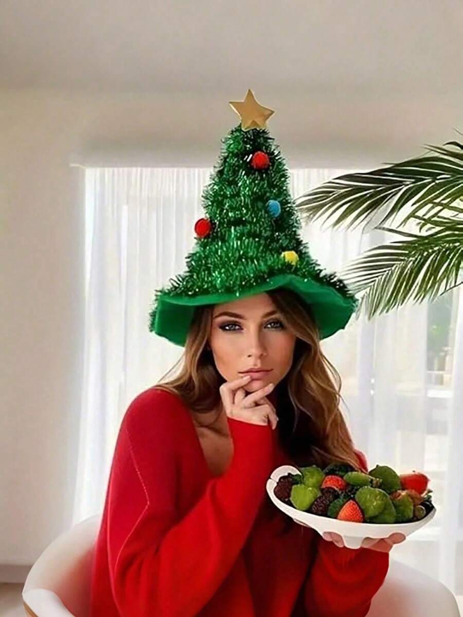 1 件圣诞树帽 - 节日派对必备耐用塑料节日照片道具可手洗无羽毛趣味复活节和圣诞节礼物 - 綠色 - 查看 1