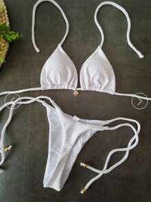 2026 New Solid Color Shell Bikini, Sexy Lace-Up Separates Swimwear Set For Women Vacation Beach White - White - View 1