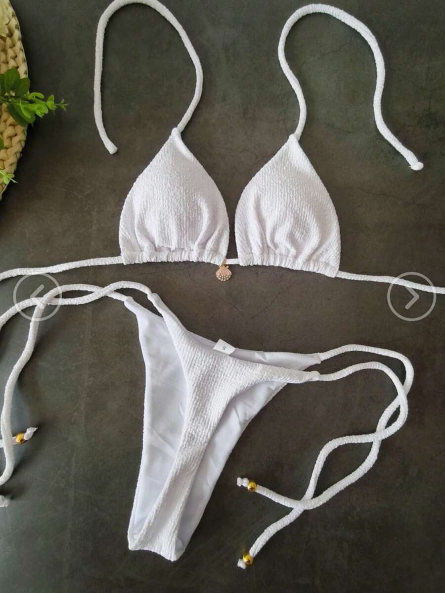 2026 New Solid Color Shell Bikini, Sexy Lace-Up Separates Swimwear Set For Women Vacation Beach White - White - View 1
