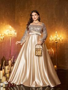 XUIBOL Plus Size Women's Elegant Sequin Long Sleeve Keyhole Neck Formal Dress, With Ruffle Details - Champagne - View 5