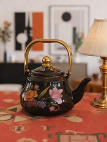 1pc,High Appearance Level Nostalgic Flower Enamel Kettle, Steel Handle Kettle, Household Boiling Kettle, Coffee Pot, Kitchen Gas, Induction Cooker Can Directly Heat Kettle, Gift Kettle For Elders And Relatives - Black Nostalgic Flowers - View 11