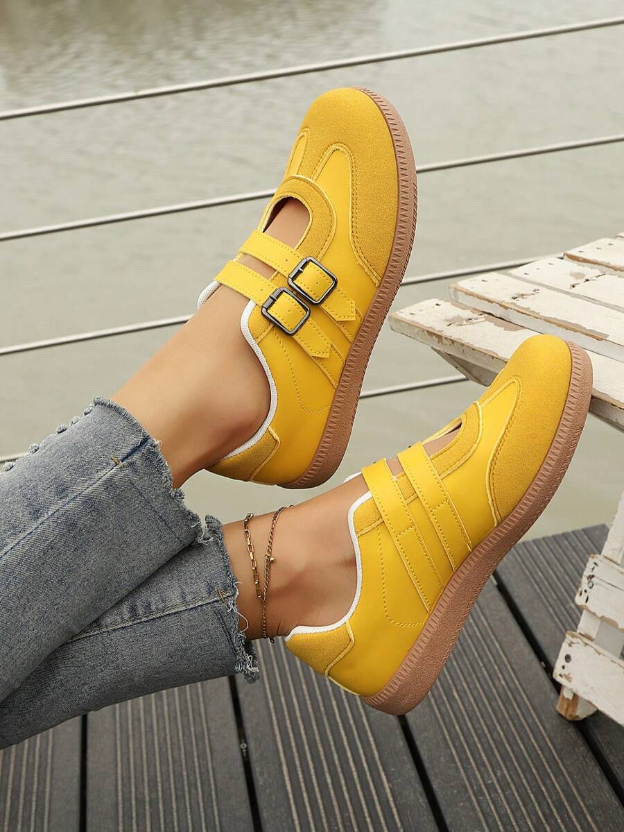 女士新款时尚休闲学院风平底舒适百搭玛丽珍鞋，复古系带德比鞋 - 黃色 - 查看 1
