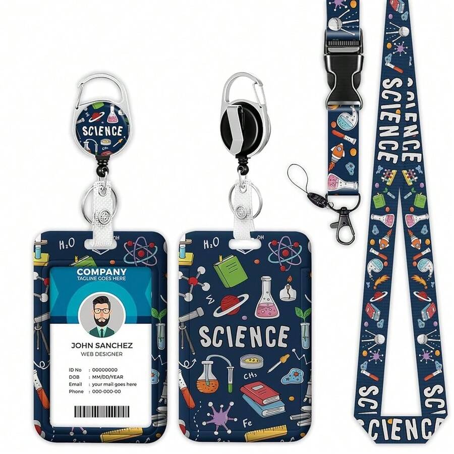 Blue Science Lanyards For ID Badges, Health ID Badge Holder With Lanyard Retractable Badge Holder/Reel Lanyard, Nurse Teacher Office Gifts,Science - 科學 - 查看 1