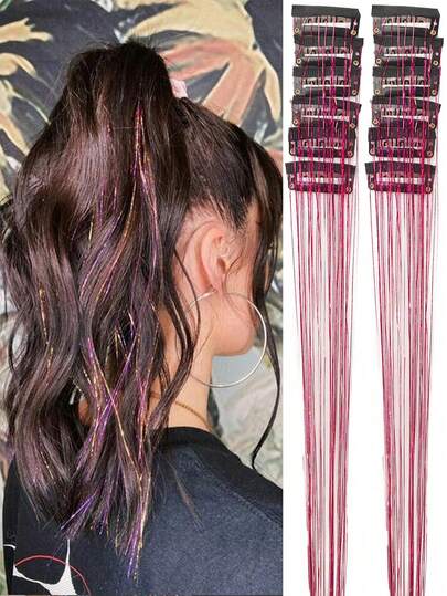 12 Stücke Clip-In Synthetik-Haarverlängerungen, mittelgerade, Haarzubehör - unverzichtbar für Partys, leuchtende Perücke, Clip-In 20 Inch bunte Glitzer-Haarverlängerungen, Geschenkidee für Feste, glänzendes Haarzubehör - leicht und langanhaltend, geeignet für Festivals, Galas, Cosplay, Modepartys, Weihnachtsgeschenke, K-Pop Kostümzubehör