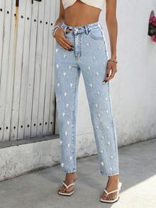Happy Girl Summer Women's Casual Fashion Minimalist Music Festival Casual Cute Elegant Denim Daisy Embroidered Ladies Jeans Pants - Blue - View 4