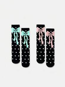 1/2/3/4/5 par skarpetek damskich do połowy łydki z kokardką, o prostym, ale eleganckim wzornictwie i właściwościach odprowadzania wilgoci. Delikatna kokardka zdobi kostkę, dodając odrobinę słodkiego uroku. Idealne na wiosnę i jesień. - Wielokolorowe - Zobacz 1